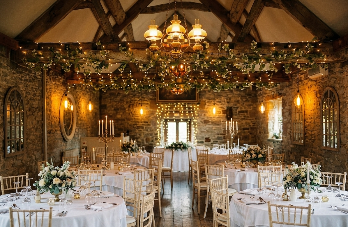 The Upper Barn at Eyam Hall dressed for the wedding meal — round tables in white linen beneath beamed ceilings, chandeliers and fairy lights.