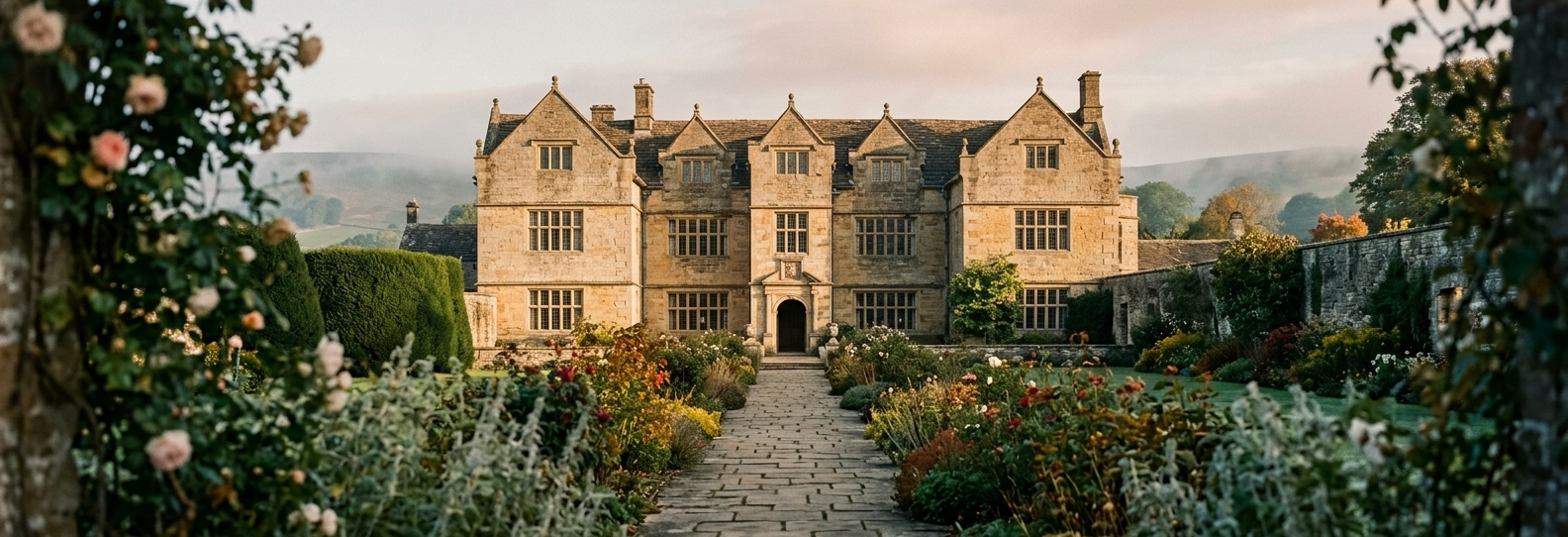 Eyam Hall at dusk, seen from the walled garden path through borders of roses and perennials.